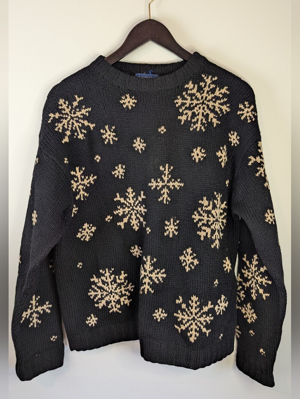 Vintage J. Crew 100% Wool Snowflake Sweater, Black & Beige Knit, Size M